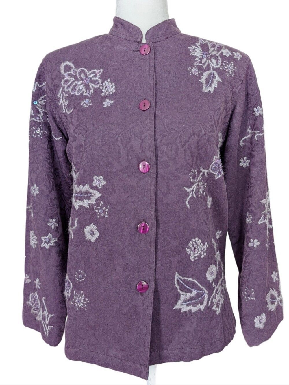 Coldwater Creek Womens Purple Linen Blend Floral Button Up Jacket Size Small